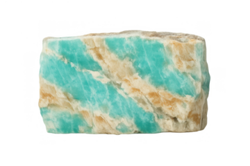 Amazonite rough crystal with distinctive blue-green and cream striations, an opaque feldspar mineral specimen