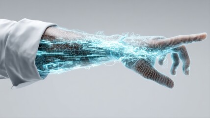 Futuristic Hand with Energy Flow: Conceptual Tech Integration and Digital Interface Design Illustration
