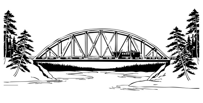 Detailed railway bridge over river landscape with train crossing, surrounded by pine trees. Suitable for travel prints, outdoor posters and scenic vintage artwork.