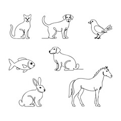 Minimal animal line art illustrations including dogs, cats and various pets, drawn in a clean vector outline style.