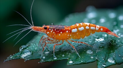 Close up macro of shrimp grazing on algae covered leaf underwater nature detail wildlife photography