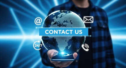 Global Contact Us Concept: Man Holds Phone with Digital World Communication Icons