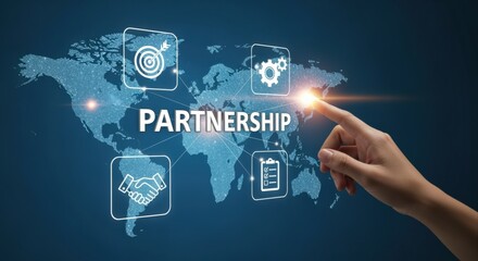 Global Partnership Illustration: Hand Interacting with Digital Interface Representing Business Goals and Collaboration on World Map