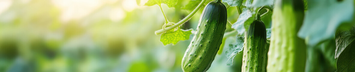 Fresh Green Cucumbers Growing on Vine in Garden with Soft Sunlight