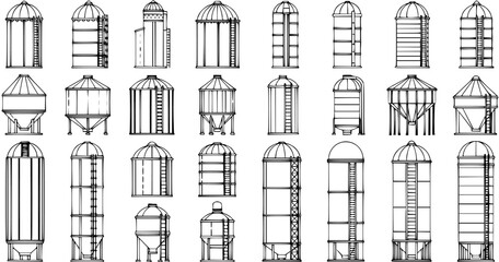 Collection of various line art agricultural silos and grain bins for farm and industrial storage, featuring diverse types and structures.