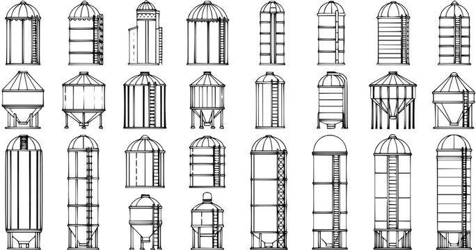 Collection of various line art agricultural silos and grain bins for farm and industrial storage, featuring diverse types and structures.