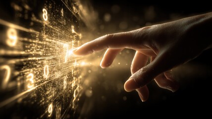 Human hand touching digital interface with numbers, creating a connection in cyberspace realm, golden lights