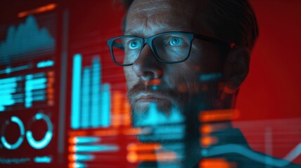 Focused Data Analyst Examining Complex Information on a Digital Screen Displaying Business Analytics