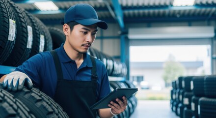 Tire Technician Inspecting Inventory Using a Digital Tablet in a Modern Repair Shop Setting