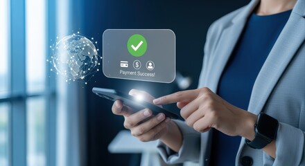 Woman Successfully Completes Mobile Payment with Smartphone, Featuring Digital Checkmark and Secure Transaction Confirmation