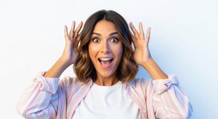 Excited Brunette Woman Expressing Surprise with Open Mouth and Raised Hands Against a White Background