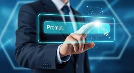 Businessman Interacting with Digital Interface: Touchscreen Activation for Artificial Intelligence Prompt, Modern Technology Concept
