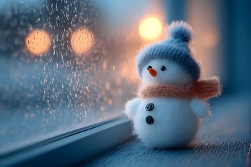 Tiny minimalist snowman on windowsill frosted glass background cozy winter holiday decor photography mood scene
