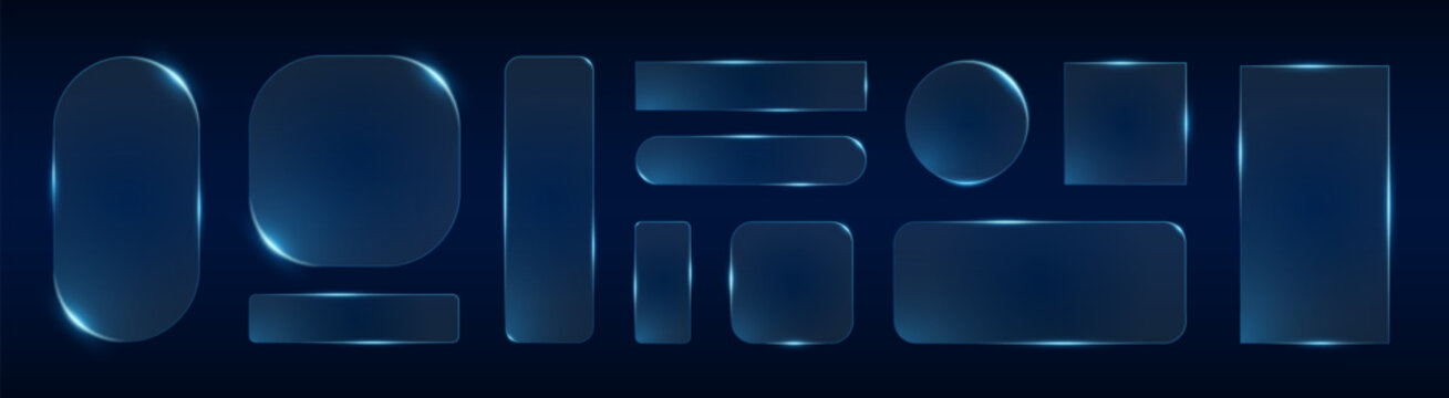 Futuristic glass box frame features glowing blue neon lights and digital tech effects. Transparent rectangle screen with square UI elements and bright electric shine for game design and mobile apps.