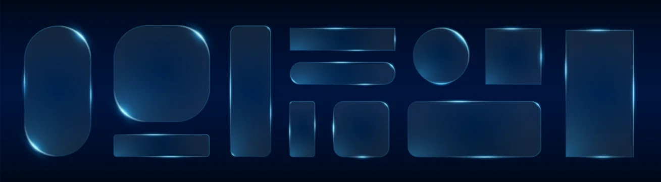Futuristic glass box frame features glowing blue neon lights and digital tech effects. Transparent rectangle screen with square UI elements and bright electric shine for game design and mobile apps.