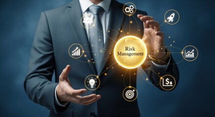 Risk Management Strategy Presentation: Businessman Presenting Futuristic Financial Analysis and Business Solutions for Success