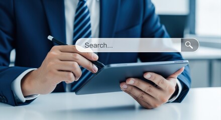 Professional using a Digital Tablet for Online Search with Blank Search Bar Overlay Concept