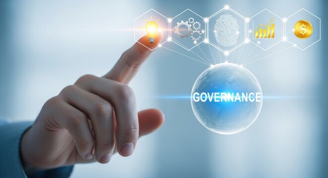 Governance Concept: Hand Touching Digital Interface Displaying Management, Compliance, Risk, and Business Strategy Icons - Powered by Adobe