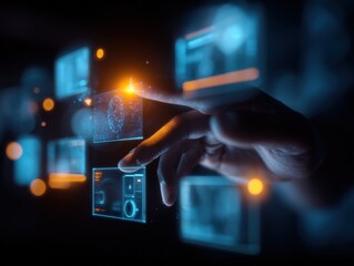 Advanced Technology Interface: Hand Interacting with Holographic Touchscreen Display for Futuristic Data Management