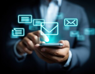 Businessman Sending Messages on a Smartphone with Digital Mail Icons for Mobile Communication