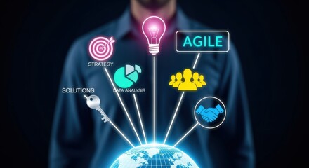 Agile Business Solutions and Strategy Concept with Global Reach and Team Collaboration for Success
