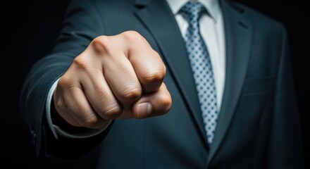 Powerful Businessman Punching Towards Camera in Dark Suit, Emphasizing Strength and Determination