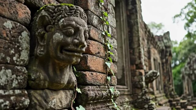 Closeup of an ancient mosscovered stone carving of a face on a brick wall at angkor wat temple complex in cambodia