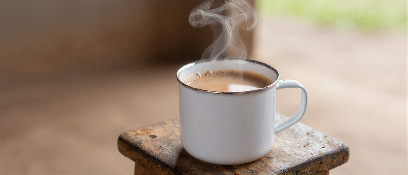 Steaming Milky Chai Tea in Enamel Mug