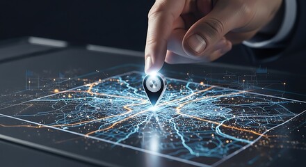 Hand touching a glowing digital map with a location pin, representing global navigation and connectivity.