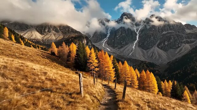 Scenic hiking trail winding through a golden autumn meadow with bright yellow larch trees against dramatic, cloudcovered alpine mountain peaks
