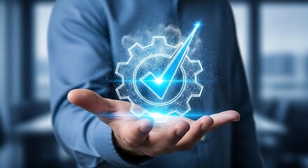 Businessman holding a glowing gear with a checkmark, symbolizing quality assurance and business success.