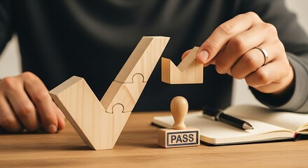Person completing a wooden checkmark puzzle with a PASS stamp and notebook nearby, symbolizing successful completion or approval.