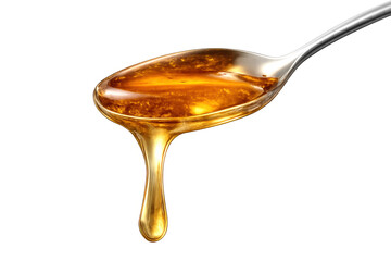 Honey dripping from metal spoon, golden viscous liquid, sweet natural food ingredient with transparent background