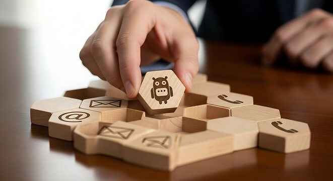 Businessman holding a wooden hexagon with a bitcoin symbol, placing it into a puzzle with other communication icons. - Powered by Adobe