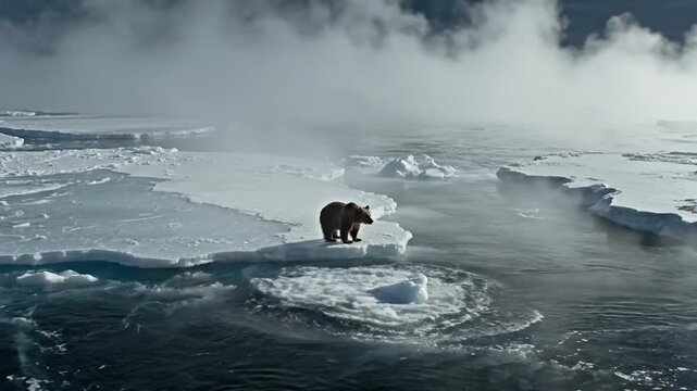 Polar Bear on Melting Ice Floe in Arctic Waters, climate change awareness concept