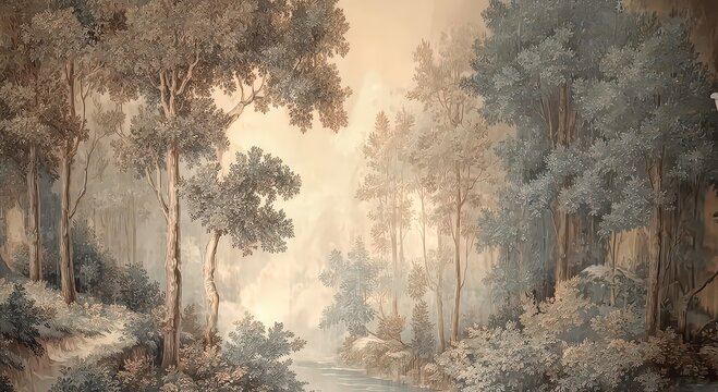 Wall painting depicting a serene landscape with trees. Design for wallpaper, photo wallpaper, frescoes, wall painting and other works.