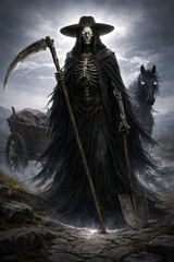 Fototapeta premium Ankou Death Harvester with Scythe and Ghostly Horse in Dark Misty Landscape