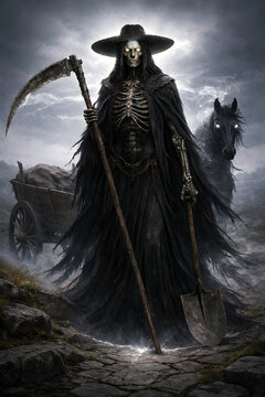 Ankou Death Harvester with Scythe and Ghostly Horse in Dark Misty Landscape