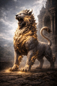 Golden-Energy Chinthe Guardian Lion Roaring before Ancient Temple Ruins