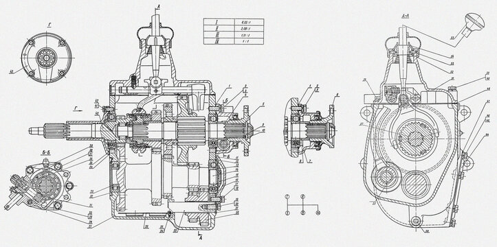 Transmission, gearbox of truck. Engineering automotive mechanical drawing of steel 
device. Industrial cad scheme on white paper sheet. 
Technology design of machine building industry. 