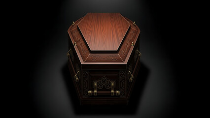 Antique wooden chest with intricate carvings and golden accents on a dark background.