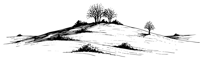 Naklejka premium Hand drawn landscape sketch with rolling hills and trees