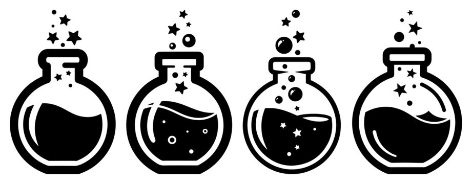 Magic potion bottles collection with stars and bubbles in black silhouette style