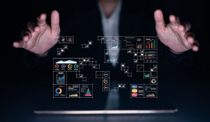 A big data visualization and business analytics dashboard grid. A complex collection of charts and graphs for comprehensive company reporting. Motif