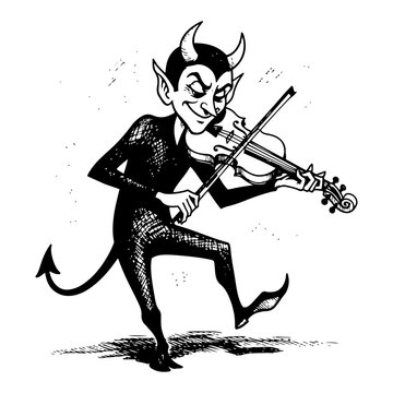 Mischievous horned devil character playing the violin and dancing