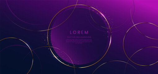 Abstract 3d dark blue and purple circles layer background with gold lines curved sparkle with copy space for text. Luxury style template design.