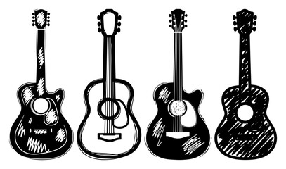 Fototapeta premium Set of four hand drawn acoustic guitars in rough sketch style