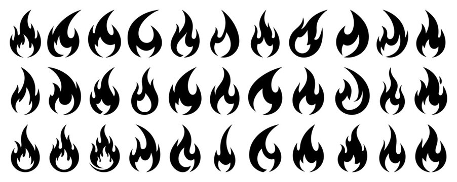 Large collection of simple fire flame silhouette icons for design