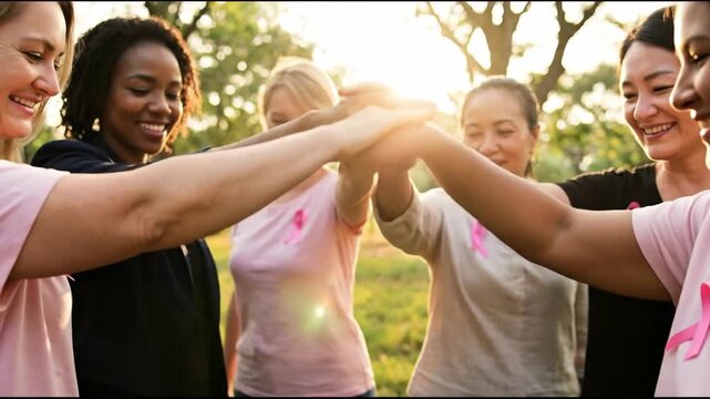 Diverse Group of Women Breast Cancer Survivors Stacking Hands in Unity Outdoors with Pink Ribbons