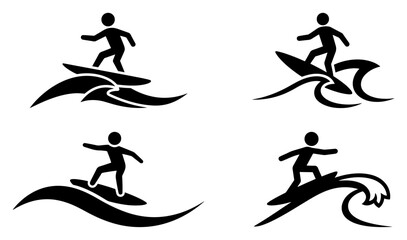 Obraz premium Surfer on wave silhouettes set for water sport logo